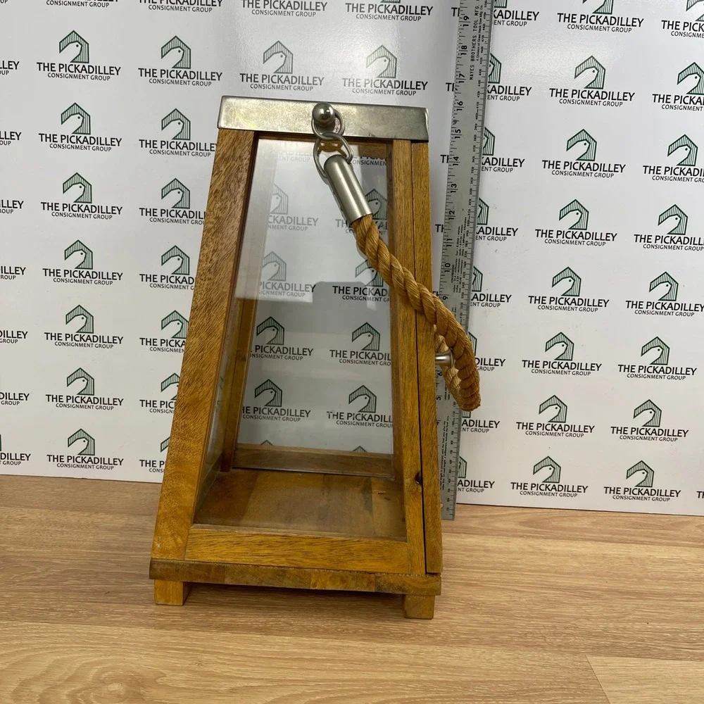 Rustic Wood and Glass Teak Lantern Rope Handle Nautical Farmhouse Decor 14 Inch